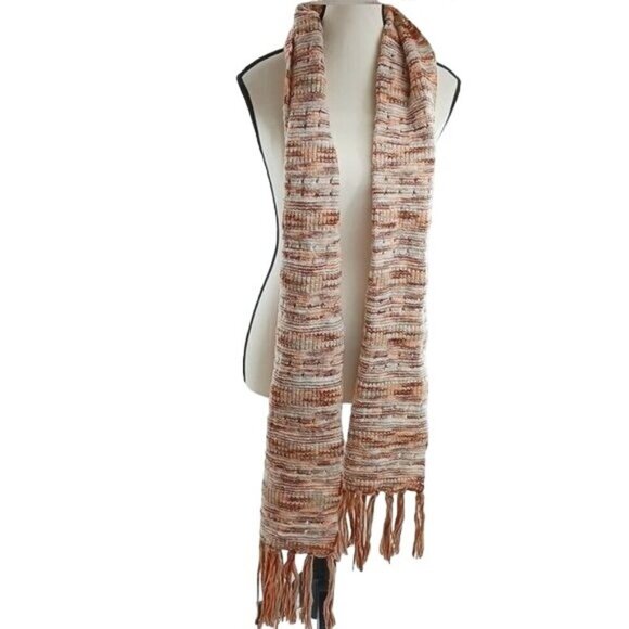 Universal Thread Womens One Size Orange Beige Knit Scarf Fringe Boho Winter - Picture 1 of 5